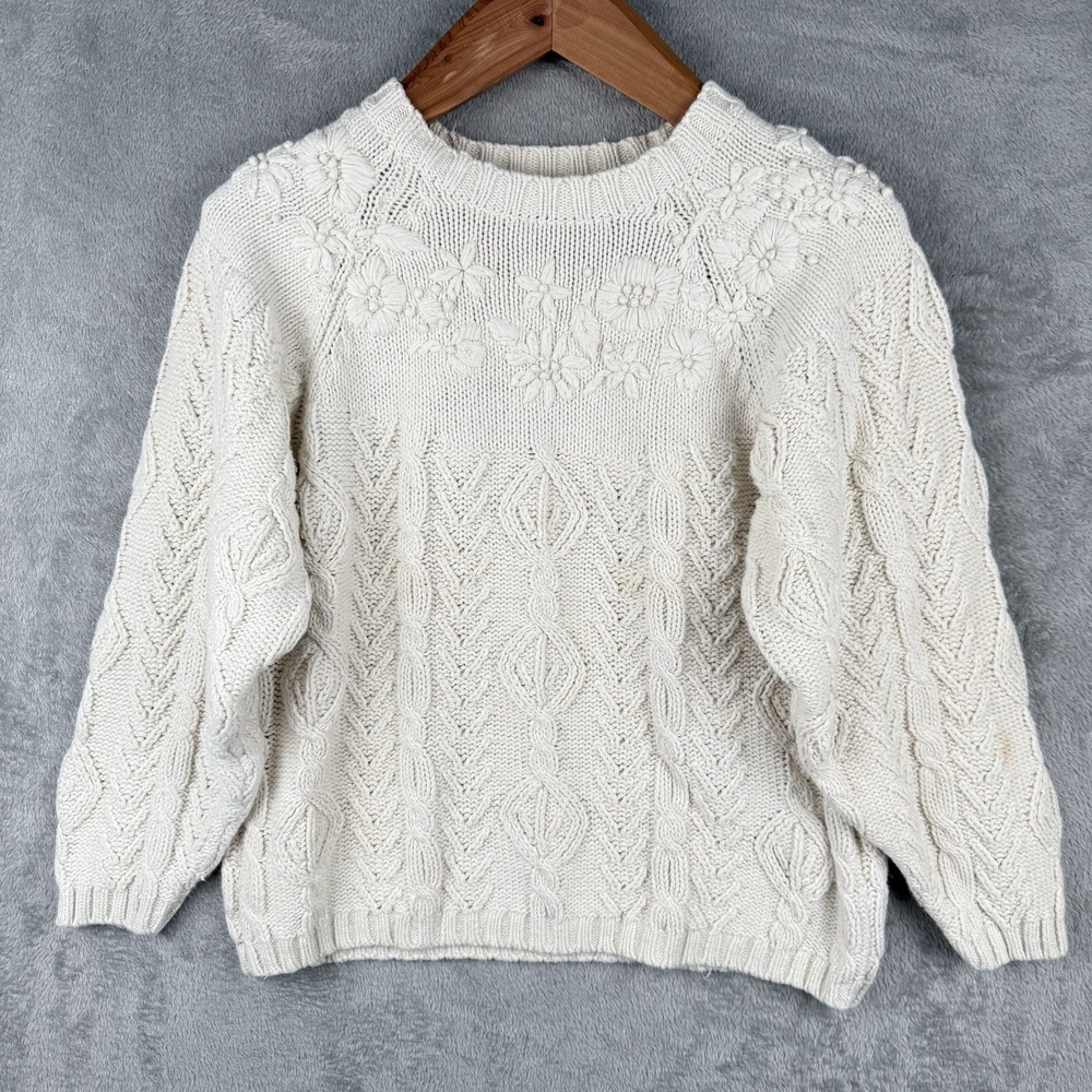 Adrianna Papell Sweater Womens L Cable Knit Crewneck Floral Pullover 90s VTG